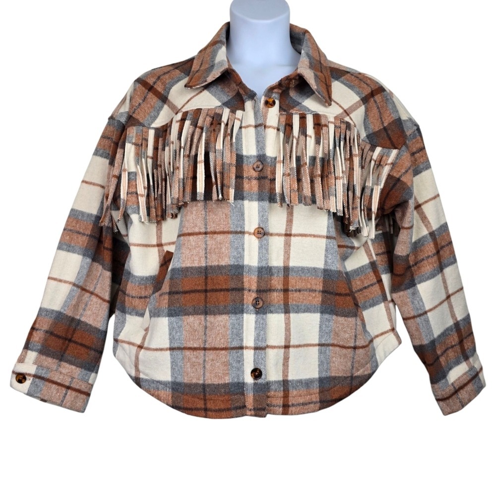 BKE Womens Plaid Fringe Western Shacket Brown Cream PVJ01939A Large NWT